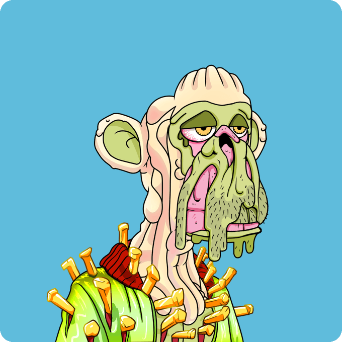 A cartoonish illustration of a grotesque, decayed character resembling Squidward with melting green flesh, multiple eyes, and spikes protruding from his body against a blue background.