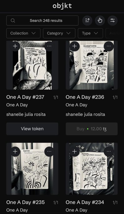 A dark-themed mobile interface for the 'objkt' NFT marketplace displaying a collection titled 'One A Day' by 'shanelle julia rosita', with one item listed for '12.00 te'.