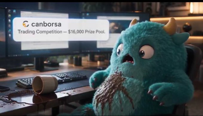 An advertisement featuring a blue, furry monster character covered in a brown spill at a computer desk, promoting a "canborsa" trading competition with a $16,000 prize pool.
