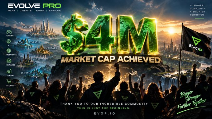 A promotional graphic for "EVOLVE PRO" ($AIM) celebrating a "$4M MARKET CAP ACHIEVED" milestone, featuring a fantasy landscape with floating islands, a community of people, and the tagline "THANK YOU FOR OUR INCREDIBLE COMMUNITY. THIS IS JUST THE BEGINNING."