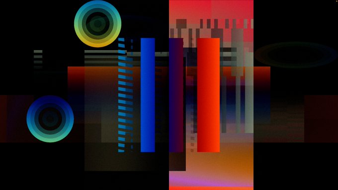 An abstract digital artwork featuring geometric shapes including circles with target-like patterns, vertical bars in blue and red, and pixelated elements against a dark background.