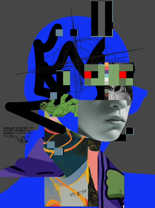 An abstract digital collage featuring a silver mannequin head, bold black scribbles, geometric shapes, a green panther graphic, and scattered text including 'WTF_ETH'.