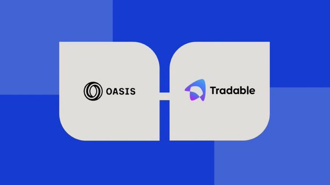 The image features two interlocking white puzzle-style tiles on a blue background, displaying the logos "OASIS" (with a circular black icon) and "Tradable" (with a purple triangular icon), symbolizing the partnership between the two platforms. The graphic visually represents the integration being announced in the post, highlighting how Oasis Protocol's privacy technology connects with Tradable to protect traders' AI strategy prompts from being exposed to third parties.