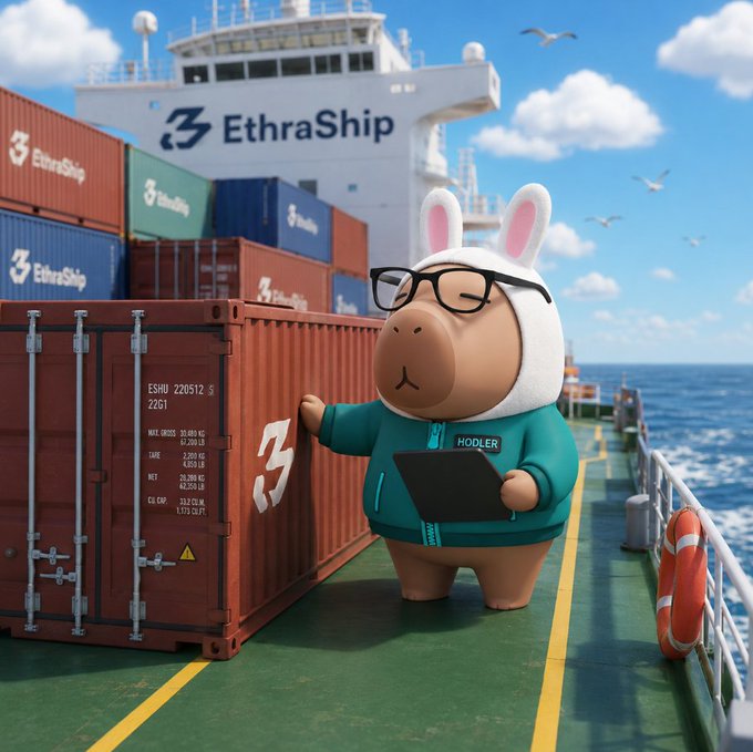 A 3D-rendered scene showing a cute hippo character in a bunny-eared hoodie, glasses, and teal jacket holding a tablet labeled 'HODLER,' standing on the deck of an 'EthraShip' cargo ship with stacked containers.