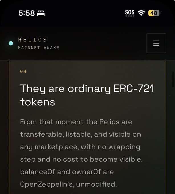 Mobile app screenshot showing 'RELICS - MAINNET AWAKE' with text explaining they are ordinary ERC-721 tokens, transferable and listable on any marketplace without wrapping.