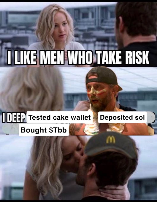 A meme shows a woman saying "I LIKE MEN WHO TAKE RISK," followed by a man wearing gold face paint and a McDonald's cap, with text overlays reading "Tested cake wallet," "Deposited sol," and "Bought $Tbb," before they kiss. The image promotes CakeWallet and the $TBB token by humorously framing crypto investment as an attractive risk-taking behavior.