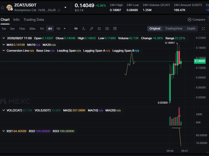 A trading chart on MEXC shows ZCAT/USDT cryptocurrency at $0.14049 with a +5.36% change, displaying candlestick patterns, volume bars, and RSI indicators.