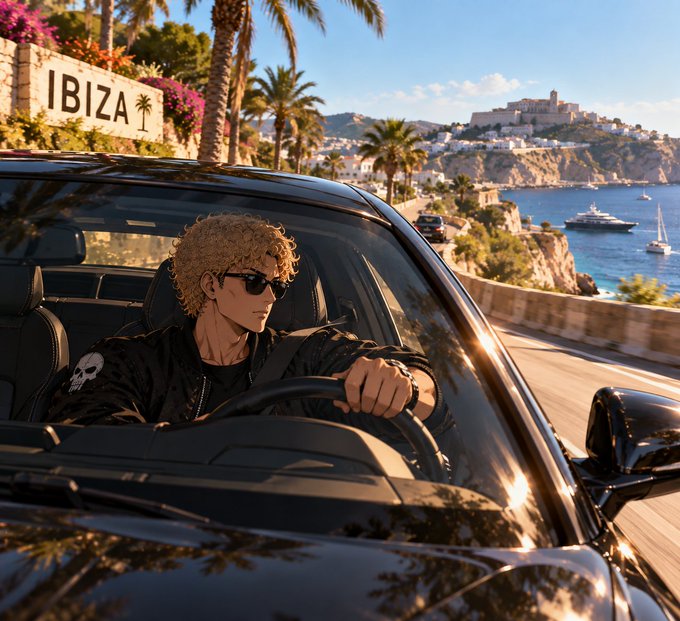 An anime-style illustration shows a curly-haired, sunglasses-wearing driver behind the wheel of a sleek black car cruising a coastal road toward Ibiza, with a vibrant "IBIZA" sign, palm trees, and the iconic Dalt Vila perched over the Mediterranean in the background. The scenic journey perfectly matches the "Gm legends" post's excited arrival announcement, capturing the freedom and adventure of finally reaching the island.