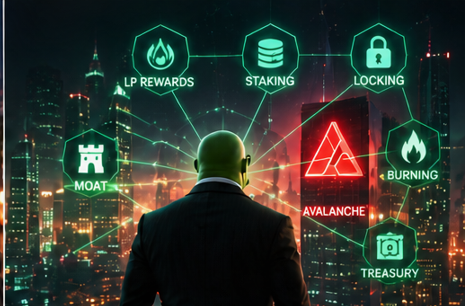 A graphic showing a silhouetted businessman against a city skyline, with floating green icons labeled 'LP REWARDS', 'STAKING', 'LOCKING', 'MOAT', 'BURNING', 'TREASURY', and 'AVALANCHE'.