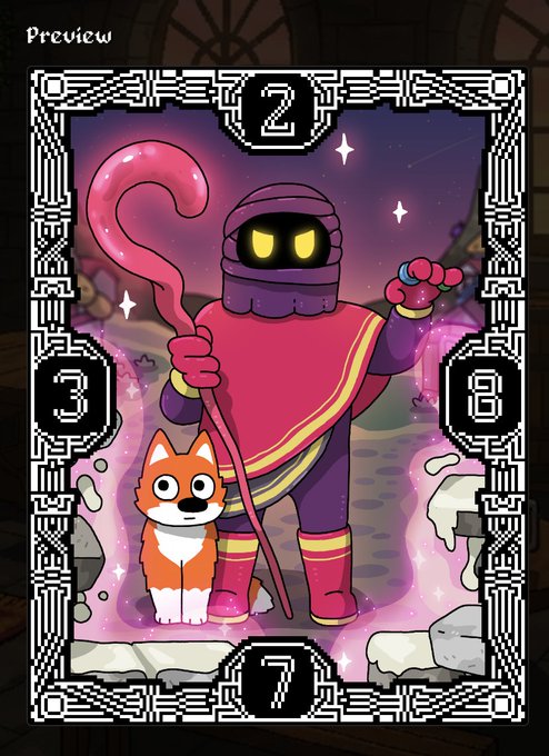 Pixel art preview card featuring a hooded wizard character with glowing yellow eyes and a staff, standing next to a Shiba Inu dog, with numbers 2, 3, 7, and 8 on the border.