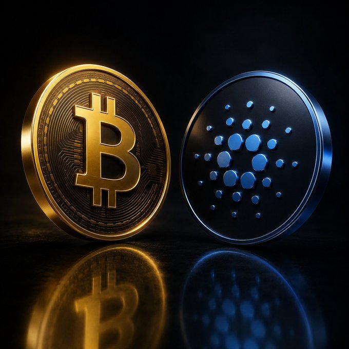 Two cryptocurrency coins sit side by side on a reflective surface—a golden Bitcoin (BTC) featuring its iconic ₿ symbol and a dark Cardano (ADA) displaying its distinctive blue dotted emblem—visually representing the BTCfi integration where Bitcoin's $1.3T liquidity is bridged onto Cardano's eUTXO architecture via the BOS Grail ZK Bridge for native, trust-minimized compatibility.