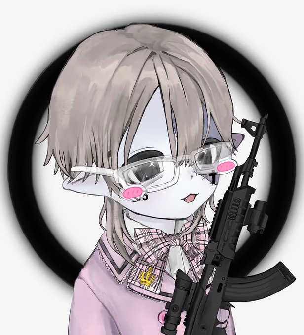 An anime-style character with gray hair, pink-tinted glasses, and a pink uniform holds a black assault rifle against a black circular background. The juxtaposition of the innocent schoolgirl aesthetic with the firearm visually reinforces the post's message about overcoming a gambling addiction and resisting the temptation to chase trending bets like World Cup or Polymarket.