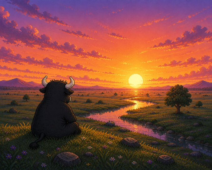 A pixel art illustration of a large horned creature sitting on a grassy hillside, watching a vibrant sunset with pink and orange clouds over a meandering river and distant mountains.