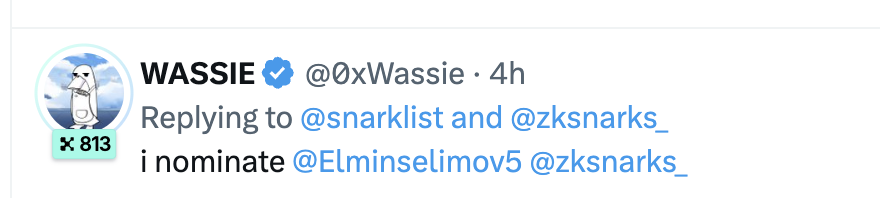 A Twitter/X screenshot showing a tweet from verified user WASSIE (@0xWassie) replying to @snarklist and @zksnarks_ that reads 'i nominate @Elminselimov5 @zksnarks_'.