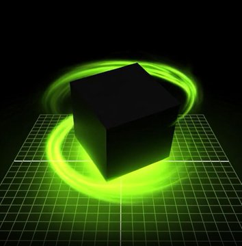 A glowing green cube hovers above a digital grid with luminous energy rings swirling around it, symbolizing the active mining process. The imagery visually represents how each Blockz and HoodBlockz NFT actively generates hashpower during the monthly block party without needing to be staked.