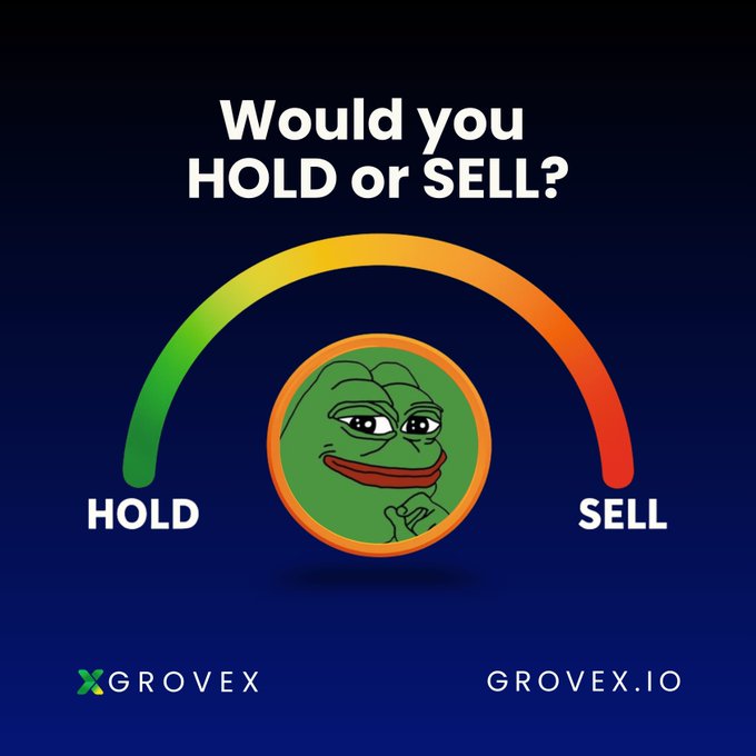 The image is a "Would you HOLD or SELL?" gauge graphic featuring a thoughtful Pepe the Frog meme character in the center, with a colorful meter ranging from green "HOLD" on the left to red "SELL" on the right. It is branded with "GROVEX" and "GROVEX.IO" at the bottom, directly engaging $PEPE holders to weigh in on the iconic hold-versus-sell decision in the accompanying post.