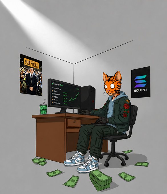 An anthropomorphic orange tabby cat in green streetwear and Nike sneakers sits at a desk trading crypto on a 'pump.fun' platform, with a 'THE WOLF OF WALL STREET' poster on the wall, a Solana logo poster, and scattered cash on the floor.