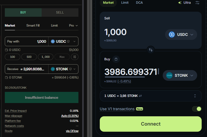 A cryptocurrency trading interface showing a market order to buy STONK tokens with 1,000 USDC, though it displays an 'Insufficient balance' message.