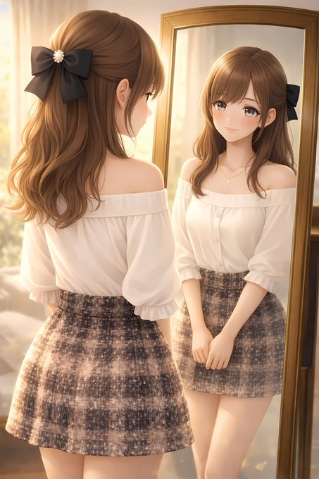 An anime-style illustration of a young woman with brown hair tied with a black bow, wearing an off-shoulder white blouse and a tweed skirt, looking at her reflection in an ornate standing mirror.
