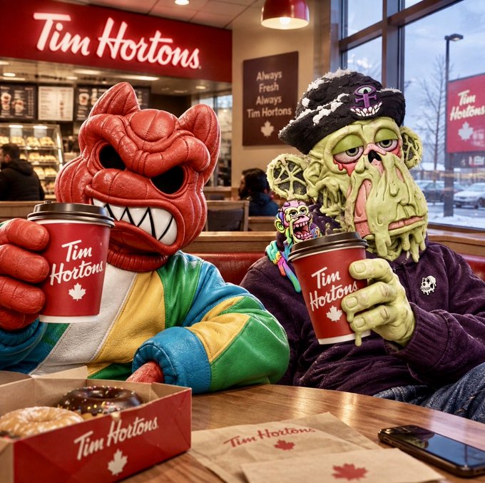 Two grotesque monster characters wearing winter clothing sitting at a table inside a Tim Hortons, holding branded coffee cups with donuts in the foreground.
