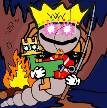 A cartoon drawing features a worm-like creature wearing a crown, star-shaped sunglasses, and a red uniform, holding a smartphone while fishing in a dark cave.