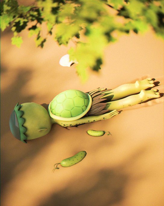 A 3D-rendered green turtle-like character with a soccer ball on its back lies on sandy ground beneath leafy green branches, surrounded by pickle-like green vegetables.