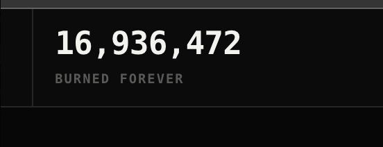 The image displays a counter showing "16,936,472 BURNED FOREVER" on a dark background, representing a cryptocurrency token burn tracker that supports the post's claim of an "insane burn rate" with over 16 million tokens permanently removed from circulation.