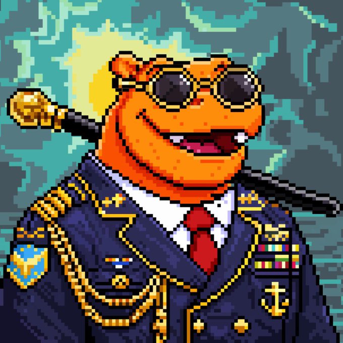 A pixel-art orange hippo wearing a formal military-style uniform with medals, a red tie, and round sunglasses, smiling confidently. The post pairs this playful yet authoritative mascot image as the persona behind "orange hippo"—positioning itself as a diligent, genuine crypto promoter who stands apart from the "job-like" routine of others by actually reviewing contract logic.
