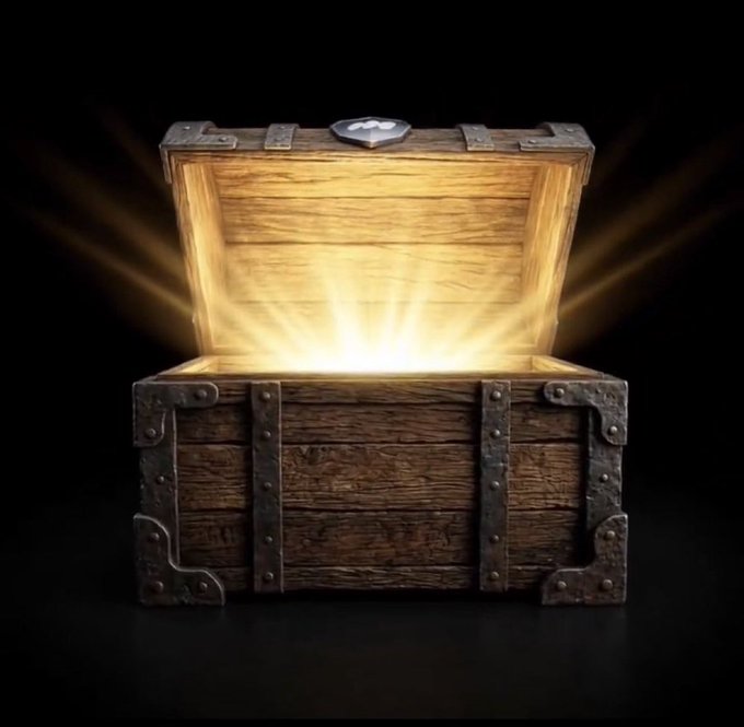 An open treasure chest radiates golden light from within, symbolizing the giveaway of 1 GTD Genesis NFT spot being offered for completing a prediction market quest on Robinhood Chain. The image visually represents the "treasure" or reward awaiting participants who join the quest at quest.sighthood.com.