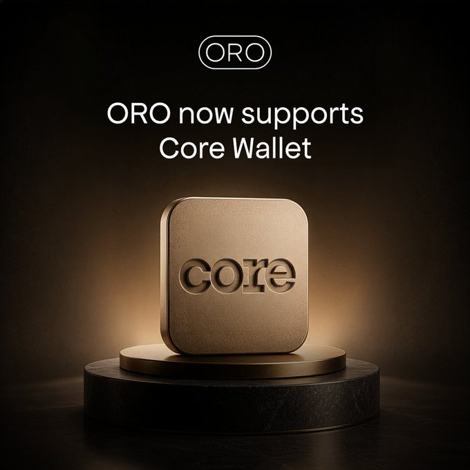 The image features a gold square Core Wallet logo, which is placed on top of a black marble pedestal against a dark background. The text "Core Wallet" is written below the logo, indicating that this is an integration between Core Wallet and the ORO cryptocurrency wallet. This integration allows users to access the full capabilities and intelligence of both Core Wallet and ORO's wallets without any complexity or additional fees.