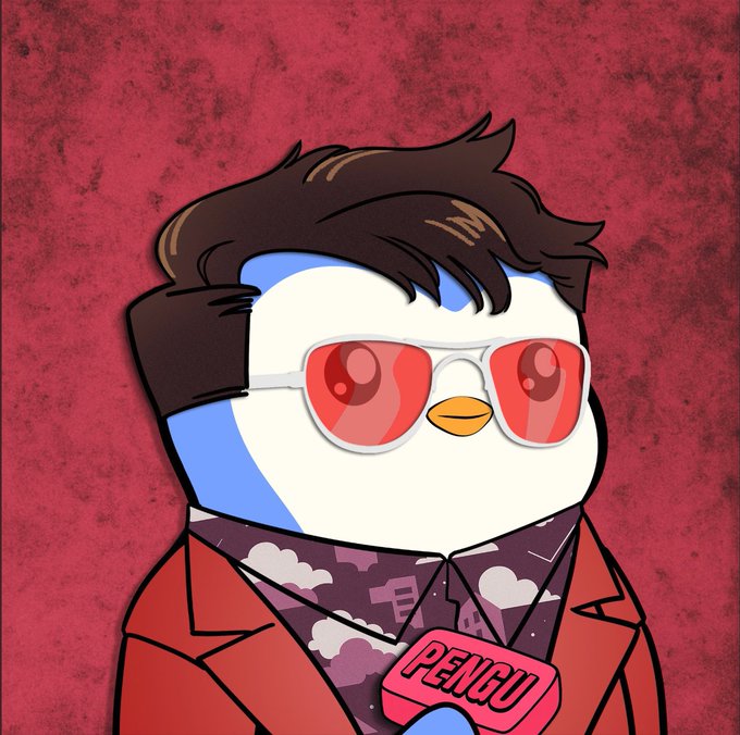 A cartoon penguin styled as a stylish character with slicked-back dark hair, red sunglasses, and a red blazer over a patterned shirt, set against a textured red background. The penguin holds a pink object labeled "PENGU," serving as a custom profile picture (PFP) for the Pudgy Penguins community, aligning with the post's promotion of the $PENGU token and its bullish sentiment.
