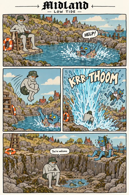 A comic strip titled 'MIDLAND - LOW TIDE' depicting a lifeguard rescuing a creature from the water, who becomes a friend saying 'You're welcome.'