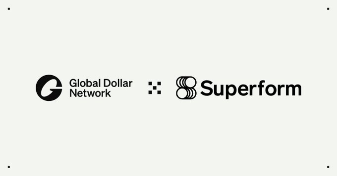 A white graphic showing the 'Global Dollar Network' logo connected by a pixelated pattern to the 'Superform' logo.
