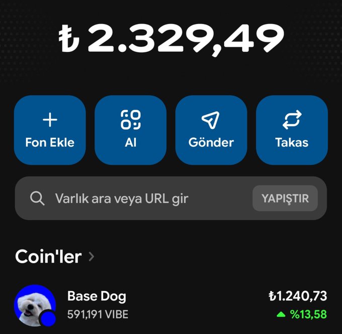 A cryptocurrency wallet interface in Turkish displaying a balance of ₺2.329,49, with buttons for 'Fon Ekle', 'AI', 'Gönder', and 'Takas', and showing 'Base Dog' coin valued at ₺1.240,73.