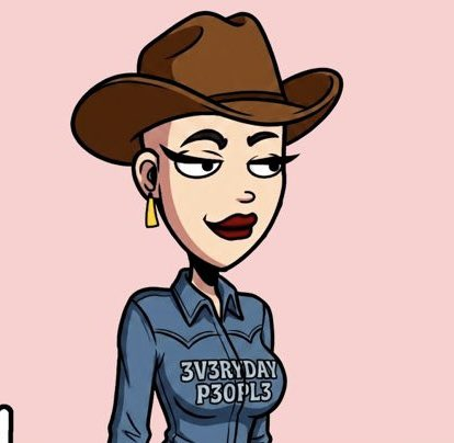A cartoon illustration of a female character wearing a brown cowboy hat and a blue denim shirt with the text '3V3RYDAY P30PL3' printed on it.