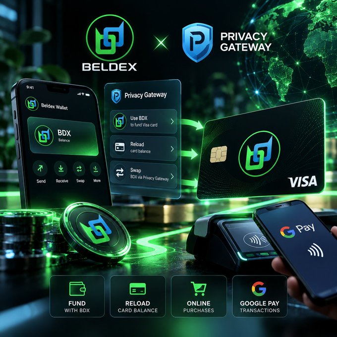 A promotional graphic for 'BELDEX' and 'PRIVACY GATEWAY' showing a phone with 'Beldex Wallet', a Visa card, and payment options including 'FUND WITH BDX', 'RELOAD CARD BALANCE', 'ONLINE PURCHASES', and 'GOOGLE PAY TRANSACTIONS'.