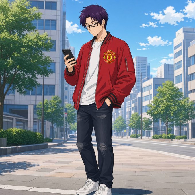 An anime-style illustration of a young man with purple hair and glasses, wearing a red Manchester United bomber jacket over a white t-shirt, looking at his smartphone while standing on a city street.