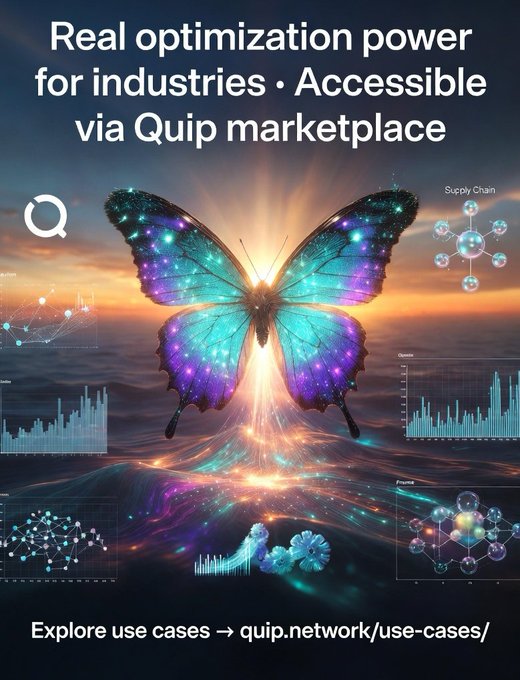 The image features a butterfly with blue wings against a sunset background. The text above the butterfly reads "Real optimization power for industries - Accessible via Quip marketplace", which suggests that the butterfly represents an optimization problem or solution related to industries, and the sunset symbolizes the idea of making things more accessible through technology like Quip marketplace.