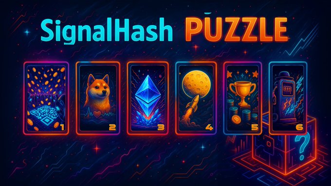 A promotional graphic titled 'SignalHash PUZZLE' displaying six numbered illustrated cards featuring a circuit board, a Shiba Inu dog, an Ethereum logo, a rocket launching from the moon, a trophy with coins, and a mining rig.