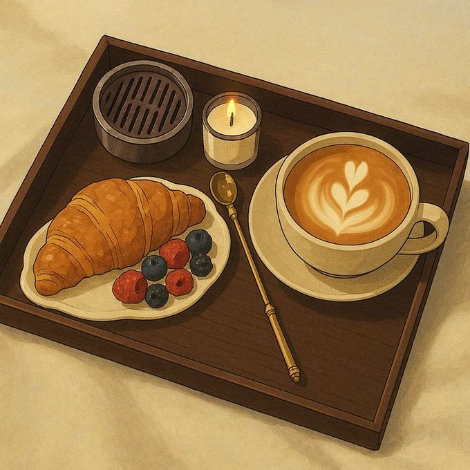 An illustration of a wooden tray holding a cup of latte with heart foam art, a plate with a croissant and berries, a small candle, a spoon, and a coaster.