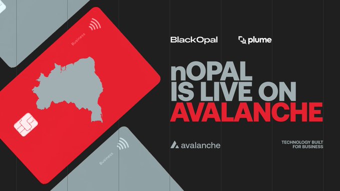 The image announces that Plumenetwork's nOPAL is live on Avalanche, featuring the logos of BlackOpal, Plume, and Avalanche, alongside credit card graphics. This visual directly supports the post by highlighting the key entities and the platform involved in the new tokenized vault offering.