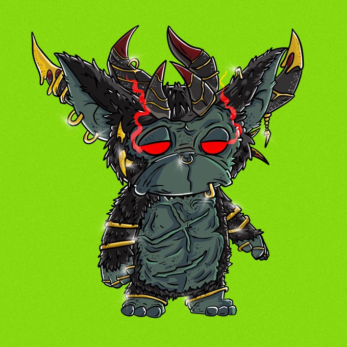 A stylized cartoon illustration of a dark, horned creature with red eyes, a nose ring, and gold accents stands against a bright green background.