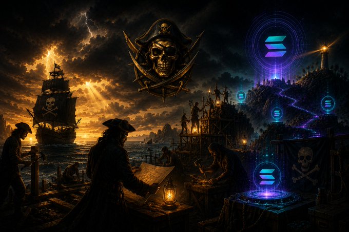 The image features a pirate ship sailing through rough waters, with a lighthouse nearby. The pirate ship has a skull and crossbones head, adding an element of danger to the scene. In the background, there are people standing around a table, possibly discussing their plans or enjoying each other's company. The post also mentions that every ecosystem depends on people willing to build before there is certainty. This could be interpreted as a reference to the importance of teamwork and collaboration in achieving success, whether it's sailing a ship or building something together.