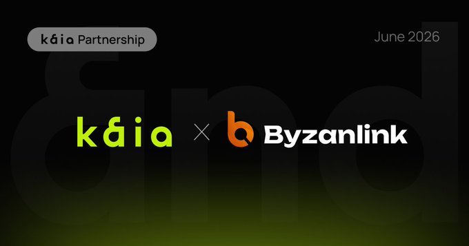 The image features a logo that says "Kaia Chain" and "Byzanlink". The Kaia Chain logo is green with white text, while the Byzanlink logo is orange with white text. Both logos are displayed against a black background. The caption below the logos reads "Institutional tokenization is now native to @KaiaChain", which suggests that the image might be related to an advertisement or promotional material for Kaia Chain and Byzanlink.
