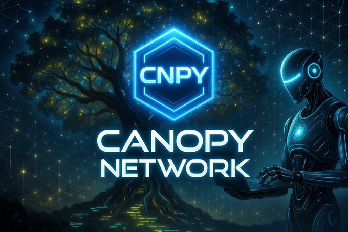 The image features a robot standing next to a tree, with the words "CNPY" written above them. The background of the image is dark blue, giving an impression that they are set against a starry night sky. There's also a neon sign in the shape of a hexagon on the right side of the image.