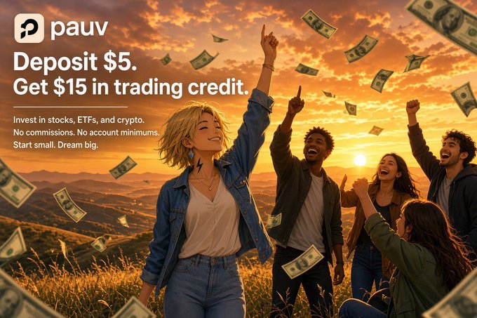 An advertisement for 'pauv' promotes a $5 deposit offer for $15 in trading credit, featuring an illustrated group of joyful young people with money flying around them at sunset.