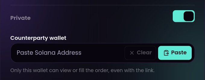 A digital interface screen showing 'Counterparty wallet' settings with a toggle for 'Private' and a field to 'Paste Solana Address'.