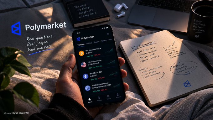 A promotional image for "Polymarket" with the tagline "Real questions. Real people. Real markets," showing a person holding a smartphone displaying various crypto prediction markets, such as "Will Bitcoin hit $100K in 2025?" and "Will AI outshine human intelligence before 2035?"