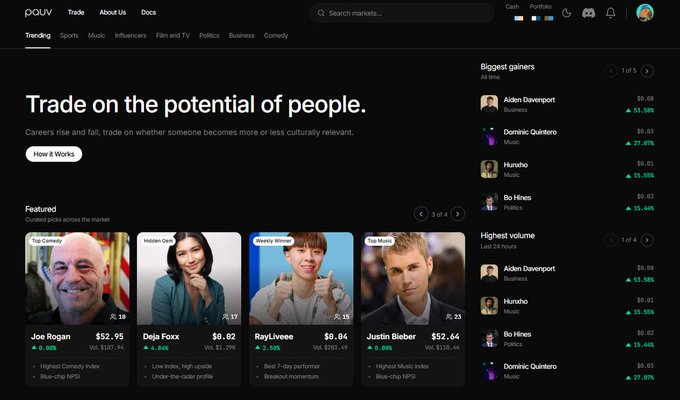 Screenshot of the Polyov prediction market homepage with the tagline 'Trade on the potential of people,' featuring featured markets for Joe Rogan ($52.95), Deja Foxx ($8.82), Rayllivee ($8.84), and Justin Bieber ($52.64).