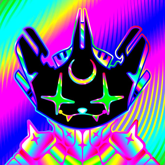 A vibrant, psychedelic digital illustration features a black cat-like character with a crescent moon on its forehead and star-shaped eyes, set against a swirling rainbow background with a colorful collar adorned with stars.